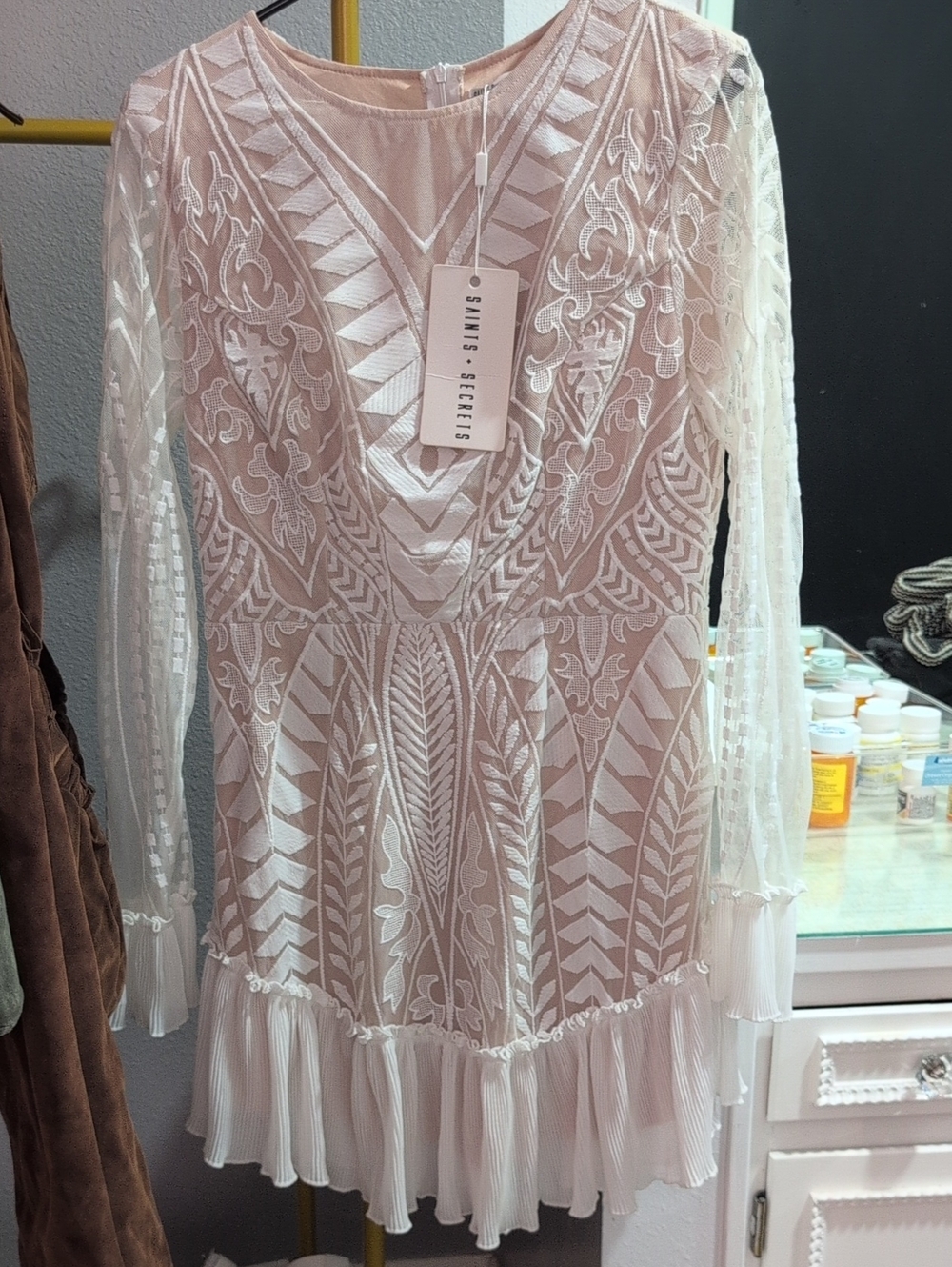 SAYLOR Blush Pink Embroidered Lace Mini Dress with Pleated Hem